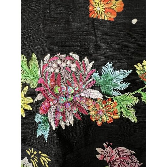 Vintage 90s Carole Little black floral kimono style shirt szS beaded bohemian - Picture 4 of 7
